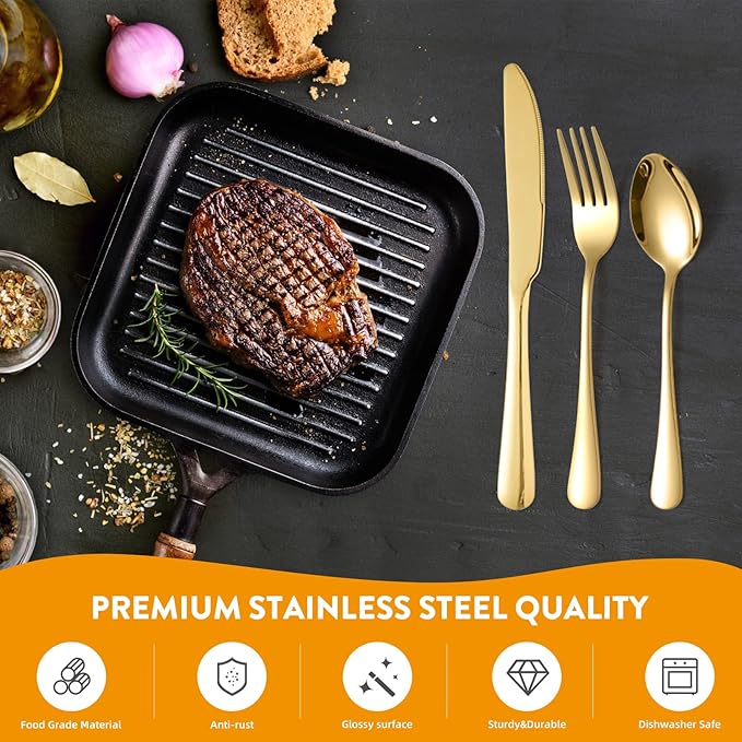 24 Pieces Knifes Forks Spoons Set for 8, KITWARE Gold Silverware Set, Flatware Stainless Steel for Lunchbox, Mirror Polished Cutlery, Kitchen Travel Utensils Set Outdoor Camping Picnic