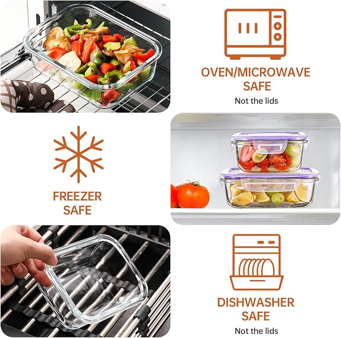 HOMBERKING 8 Pack Glass Food Storage Containers with Lids, Meal Prep Containers, Airtight Bento Boxes with Leak Proof Locking for Microwave, Oven, Freezer and Dishwasher, BPA Free, 5-35oz, purple