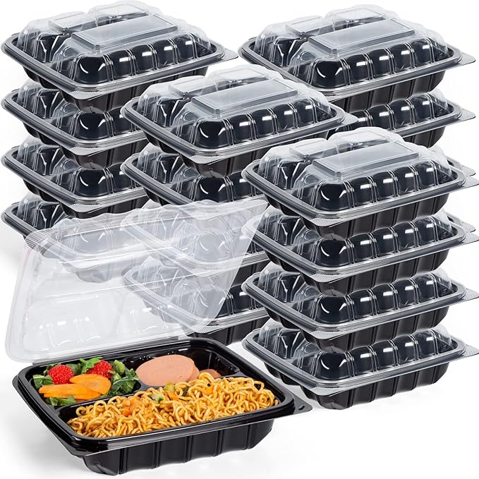 YANGRUI Clamshell Food Containers, Reusable 45 Pack 9.5 Inch 38 oz Anti-Fog Leak Proof Shrink Wrap 3 Compartment To Go Container BPA Free Microwave Freezer Safe Plastic Meal Prep Boxes