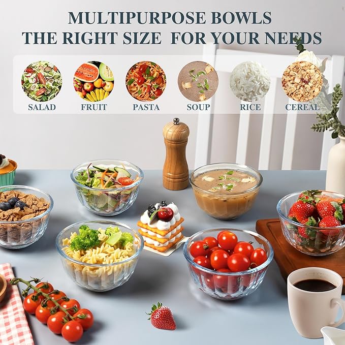 Freshmage 6 Pack Soup/Cereal Bowl Set, Extra Thick and Anti Resistant, 16oz Round Glass Diamond Cutting Kitchen Bowls, Microwave/Freezer/Dishwasher safe