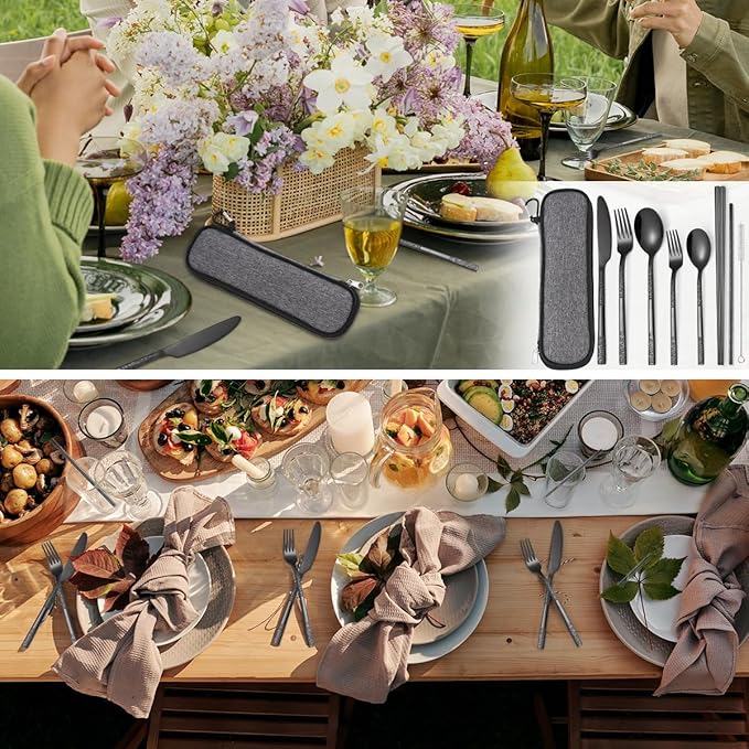 MURRI&MURRDI 8 Pieces Portable Reusable Cutlery Set,Travel Utensils Set with Case, Stainless Steel Flatware Set Including Knife Fork Spoon Chopsticks Straws Brush,Dishwasher Safe (C Black)