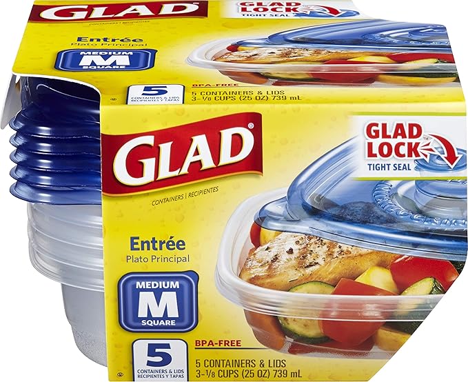 Glad Medium Square Food Storage Containers for Everyday Use | Medium Square Food Storage Containers Hold up to 25 Ounces of Food (25 Oz) |5 Count, Standard Food Containers (Pack of 4)