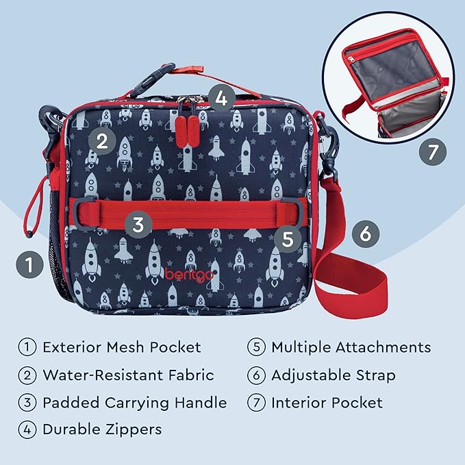 Bentgo Kids Lunch Bag - Durable, Double-Insulated Lunch Bag for Kids 3+; Holds Lunch Box, Water Bottle, & Snacks; Easy-Clean Water-Resistant Fabric & Multiple Zippered Pockets (Rocket)