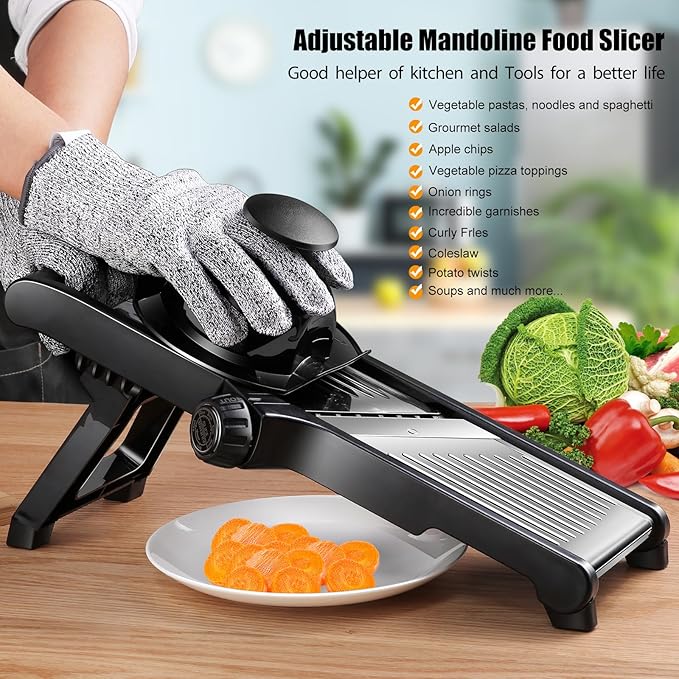 MASTERTOP Mandoline Slicer Adjustable Stainless Steel Food Slicer for Kitchen Vegetable Slicer Onion Potato Fruit French Fry Cutter Potato Chip Julienne Slicer with Cut Resistant Gloves
