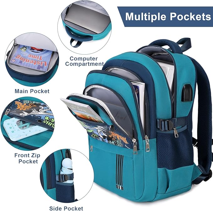 Luminous Boys Backpack - Dinosaur Bento Box with Insulated Lunch Bag Pencil Case & Utensils Set for Kids, 6 Leakproof Compartments Removable Tray Lunches or Snack Container (Green Dinosaur)
