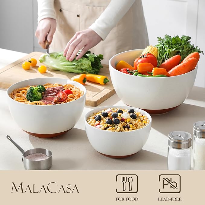 MALACASA Ceramic Large Mixing Bowls, Large Serving Bowls for Cooking, Prepping, Baking, Salad, Soup, Popcorn, Pasta, Nesting Bowls Set of 3, 4.38/2.5/1.44 Qt, Oven, Microwave and Dishwasher Safe