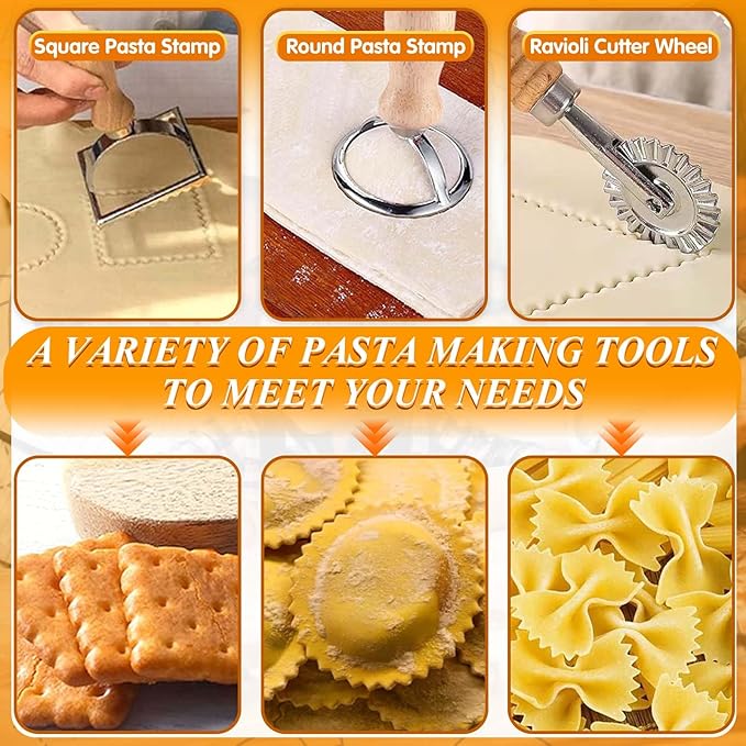 Pasta Making Tools, 10 Pcs Wood Pasta Making Kit with 3 Rolling Pins, 1 Gnocchi Board, 1 Dough Cutter, 1 Ravioli Cutter, 2 Pasta Stamps, 2 Round Cutter, Ravioli Pasta Cutter Set for Pasta Maker