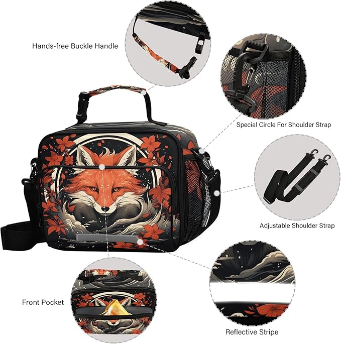 MNSRUU Student Lunch Bag Fox and Flowers Insulated DinnerTotes Picnic Bag Lunch Box with Adjustable Shoulder Strap for Teen Kids Adults