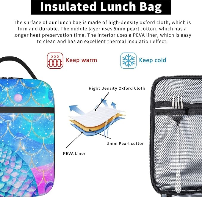 YETTA YANG Mermaid Tail Galaxy Blue Colorful Portable Lunch Bag Insulated Lunch Box Reusable Totes For Women Men Work Picnic Camping