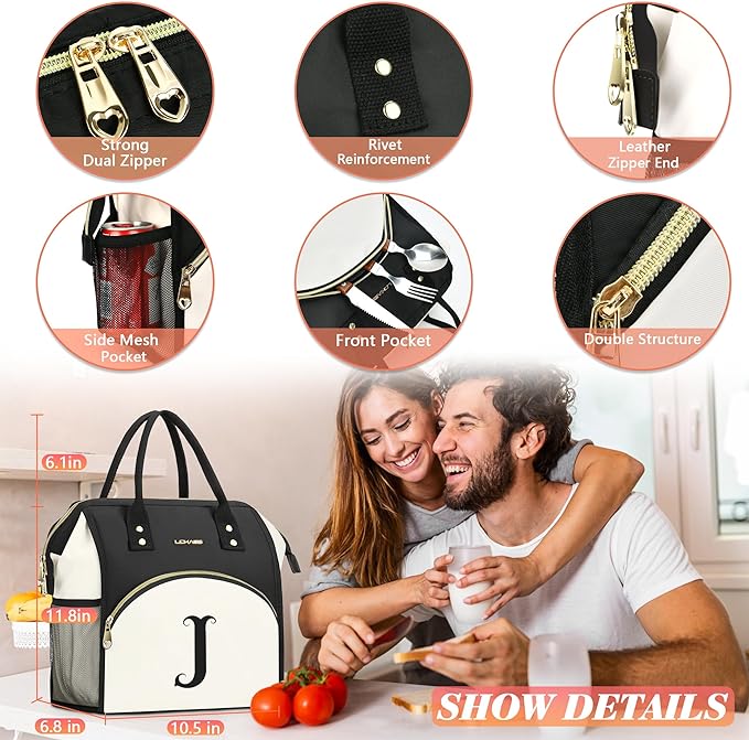 Personalized Lunch Bag for Women, Preppy Reusable Insulated Initials Lunch Box Gift for Friend Large Wide-Open Water Resistant Adult Cooler Tote Bag for Work, Travel, Picnic - Black P