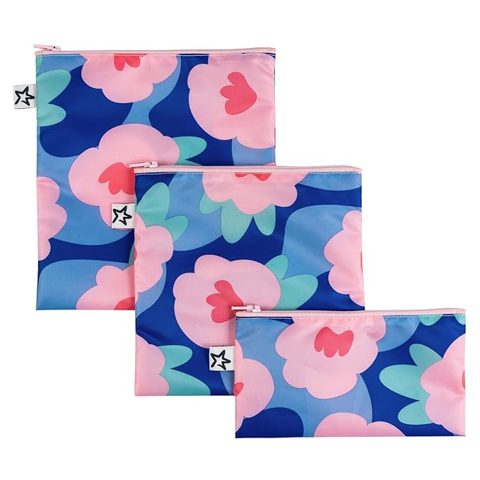 Tiny Twinkle 3 Pack Reusable Snack Bags - Machine Washable, PFAS, PVC, BPA, Phthalate-Free Reusable Baby and Toddler Food Safe Snack Bags (Blue Floral)
