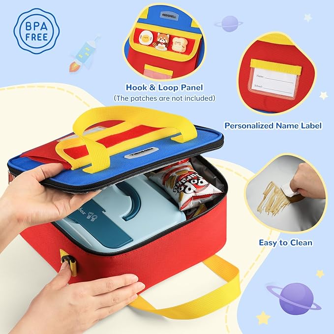 REDSHELL Tactical Lunch Box Kids, Large Insulated Lunch Bag for Boys Girls, Cooler Lunchbag, Square Toddler Lunchbox, School Daycare Lunch Tote Pail with Water Bottle Holder Shoulder Strap, Red Blue
