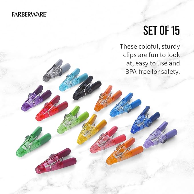 Farberware Classic Set of 15 Multipurpose Clips Food Saving Chip Bag Sealers with Magnetic Backs, 16 Pack, Assorted Translucent Colors