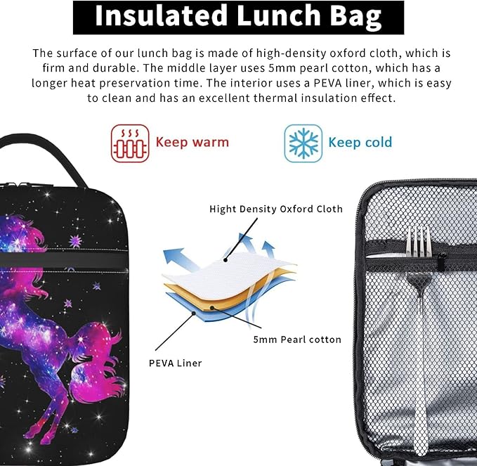 YETTA YANG Galaxy Star Unicorn Black Portable Lunch Bag Insulated Lunch Box Reusable Totes For Women Men Work Picnic Camping