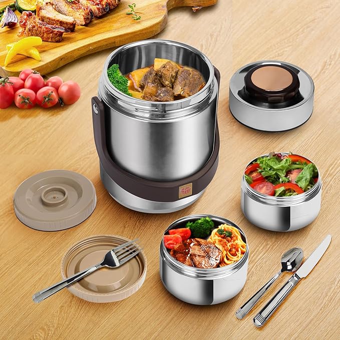 51 oz Adults Stainless Steel Vacuum Insulated Wide Mouth Soup Food Thermo Hot Food Jar with Keep Thermal Portable 2 Tier Stackable Bento Hot Food Containers Lunch Boxes (51 oz Silver)