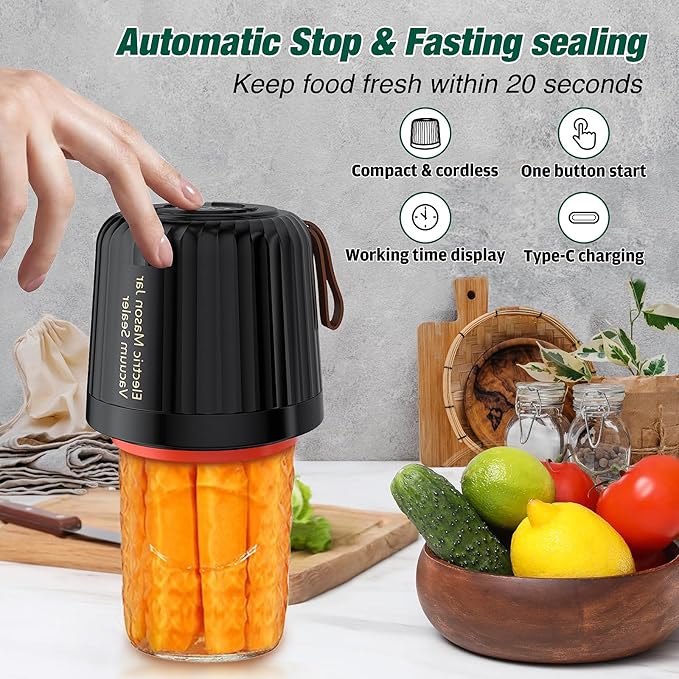 Electric Mason Jar Vacuum Sealer Kit,Upgraded 4 in 1 Automatic Stop Mason Jar Vacuum Sealer for Wide and Regular Mouth Mason Jars Wine Bottle Food Storage Box Vacuum Bag