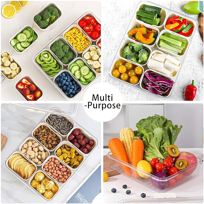 Snack Box Container with Insulated Cooler Bag, Divided Serving Tray with Lid and Handle Beach Essentials, Snackle Box Veggie Fruit Tray with 8 Compartments & 8 Forks & 2 Spoon