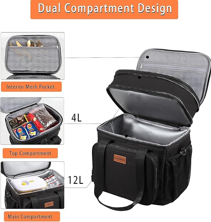 GLENKEY Expandable Insulated Large Lunch Box, Double Deck Heavy Duty Durable Lunch Bag Leakproof Cooler Bags for Men Women Adults Work Shift Flight Beach Daytrip, 20 Can, Black