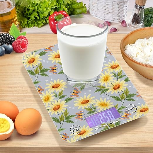 Food Scale Kitchen Scale for Baking Cooking Digital Food Weighing Measuring Scale Small Waterproof Electric Food Scale Yellow Sunflowers