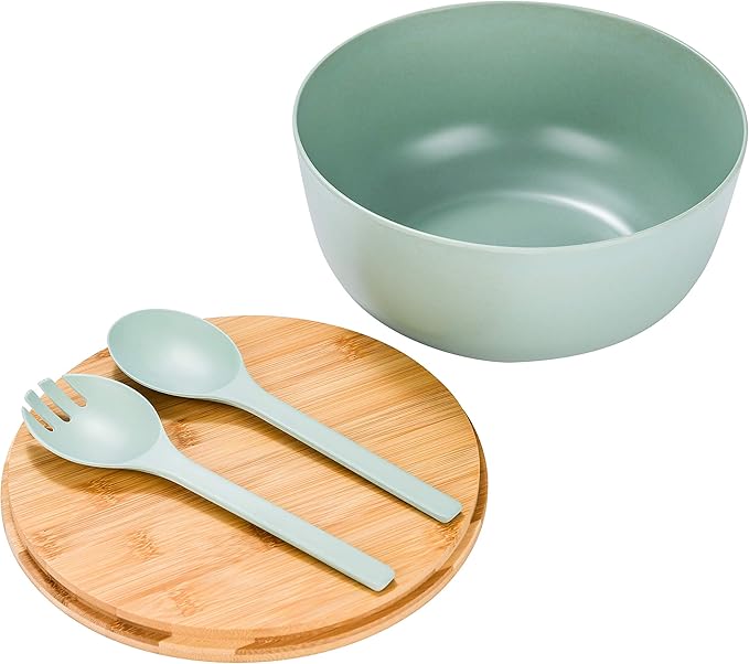 GEHE Bamboo Fiber Salad Bowl with Servers Set - Large 9.8 inches mixing bowls Solid Bamboo Salad Wooden Bowl with Bamboo Lid Spoon for Fruits,Salads and Decoration (Blue -green, 9.8INCH)