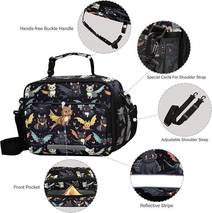MNSRUU Student Lunch Bag Gothic Skull Cat Bat Insulated DinnerTotes Picnic Bag Lunch Box with Adjustable Shoulder Strap for Teen Kids Adults