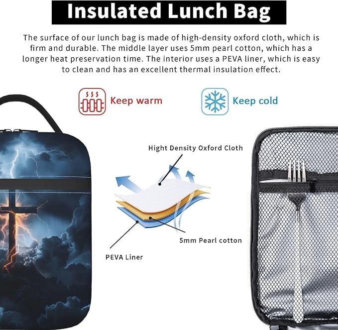 Insulated Lunch Box for Kids Boys Girls, Reusable Lunch Bag for School, Office, Work, Picnic, Travel, Cross with Lightning Lunch Box