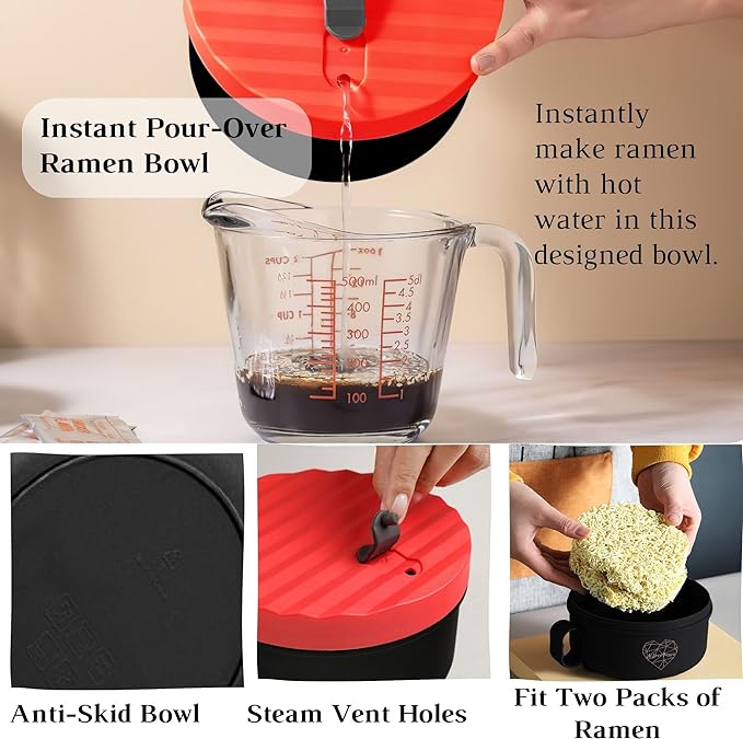 AI LOVE PEACE Ultimate Microwave Cooking Set for Busy Professionals - Ramen Bowl & Glass Meal Prep Container With Dual Lids