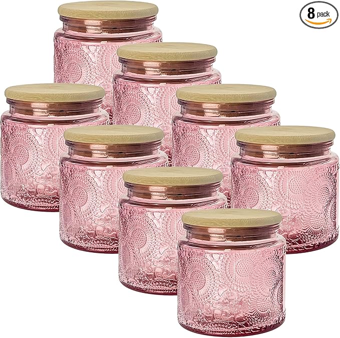 12 oz Decorative Glass Storage Jars with Airtight Bamboo Lids - 8 Pack Pink - Sunflower Embossed Spice, Candle & Home Organizer Set