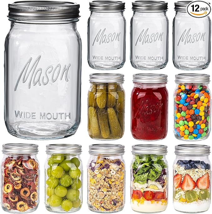 WELLIFE Wide Mouth Mason Jars, 12 Pack Mason Jars 32 oz for Pickling, Canning, Fermenting and Food Storage, Microwave & Dishwasher Safe