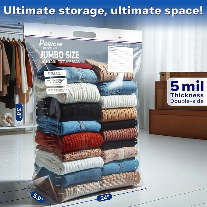 Jumbo Plastic Storage Bags, Extra Large 20Gallon Resealable Zipper Lock Seal Bags for Bedding, Clothes, Travel, and Food, Moving Totes, 24"x34", 10 Pack