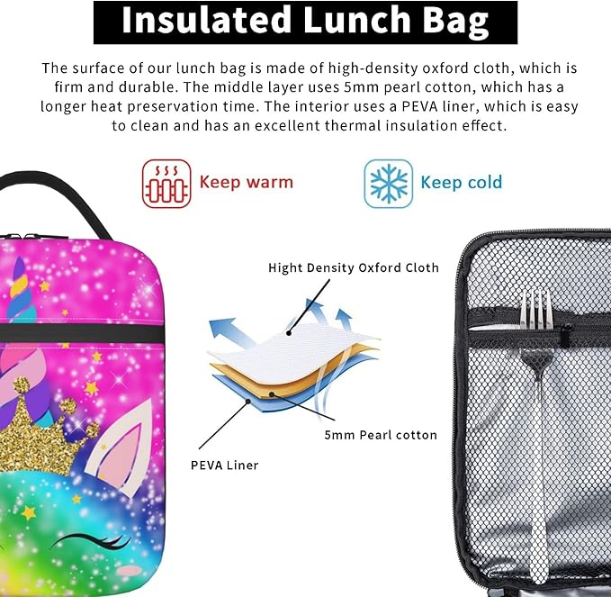 YETTA YANG Rainbow Unicon Colorful Portable Lunch Bag Insulated Lunch Box Reusable Totes For Women Men Work Picnic Camping