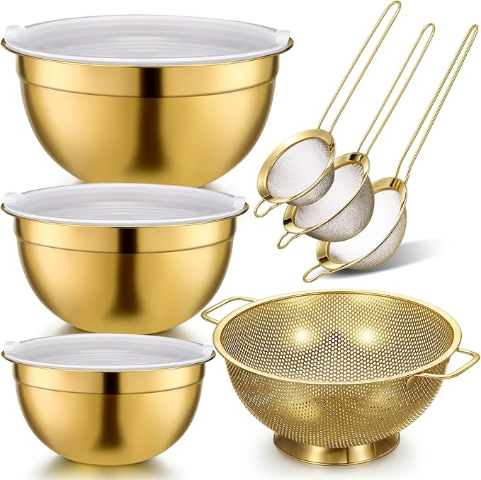 Baderke 7 Pcs Gold Kitchen Accessories Includes 4 Quart Stainless Steel Gold Colander and 3 Pcs Fine Mesh Strainer, Size 1, 1.5, 2 Qt Mixing Bowls with Airtight Lids for Kitchen Baking Serving Food