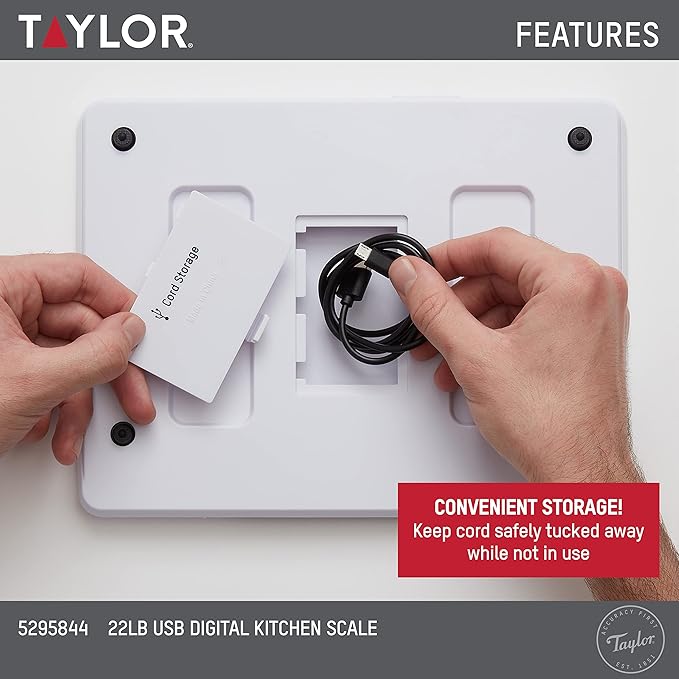 Taylor 22LB High Capacity Kitchen Food Scale with Stainless Steel Surface, Backlit Display, and USB Recharging Cord Included, White