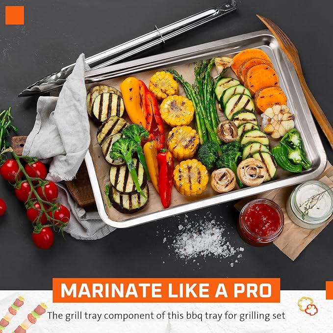 5 Pcs Grill Prep Trays Set BBQ Prep and Serve Include Stainless Steel Deep Grilling Platter Shallow BBQ Serving Tray Cutting Board 2 Pcs Marinade Containers with Lids