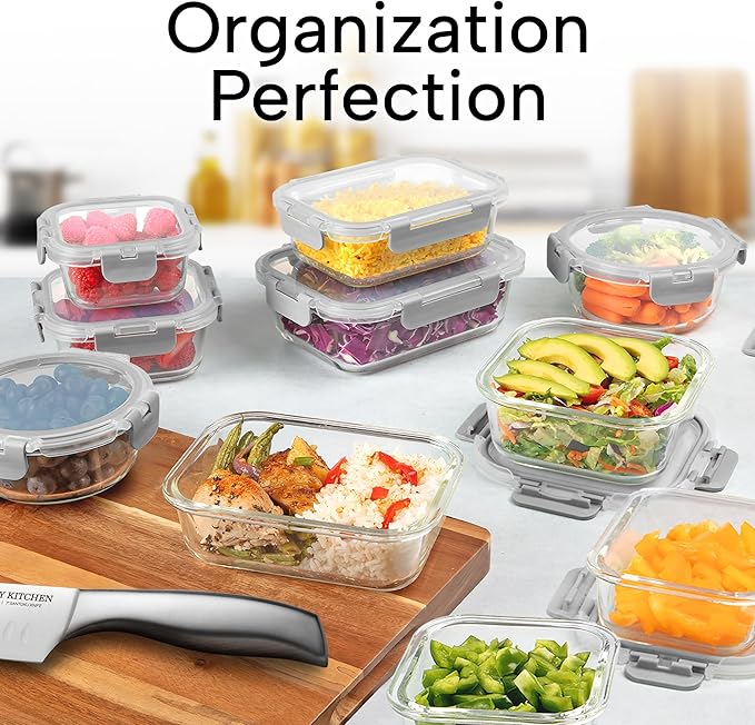 Zulay Kitchen 12 Pack Glass Meal Prep Containers with Lids - Airtight, Premium Borosilicate Glass Food Storage Containers - Microwave, Freezer & Oven Safe, BPA Free - Gray
