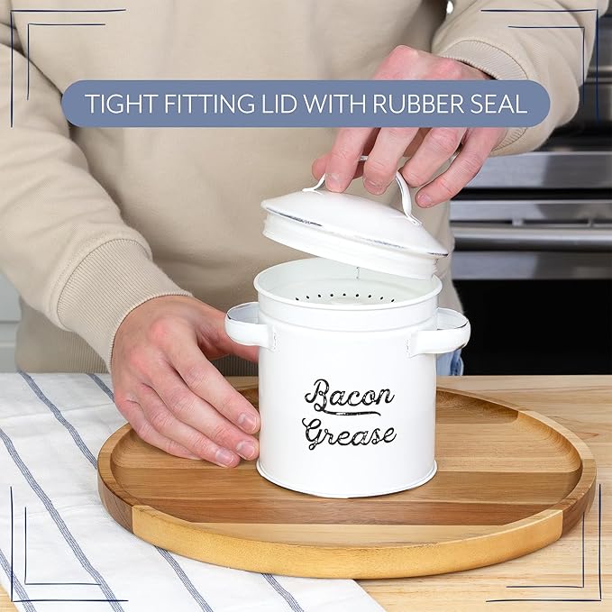 AuldHome Design Grease Container, White Enamelware Bacon Grease Can w/Strainer, Farmhouse Style, Keto-Friendly