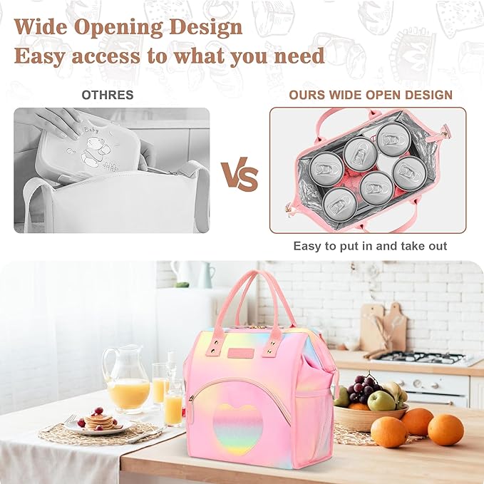 LOKASS Lunch Bag Insulated Lunch Box Wide-Open Lunch Tote Bag Large Drinks Holder Durable Thermal Snacks Organizer for Women Adults Work Picnic Hiking Beach,Heart Colorful