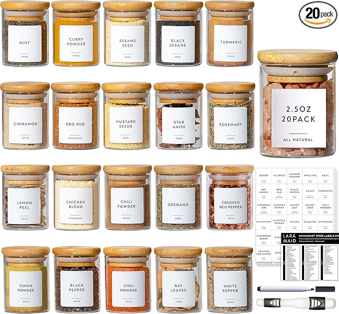 Laramaid 2.5oz 20Packs Glass Jars Set, Round Spice Jars with Bamboo Lids and Customized Labels, Food Storage Container Canisters for Home Kitchen, Spice, Herbs, Seasoning, Seed, Tea, Sugar, Salt
