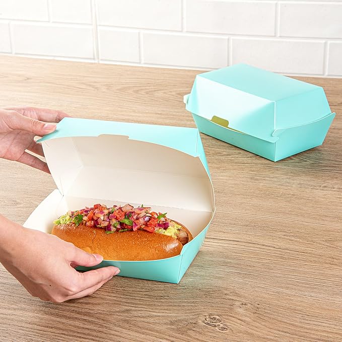 Restaurantware Bio Tek 6.7 x 3.5 x 3.5 Inch Clamshell Food Containers 100 Disposable Sandwich Containers - Hinged Lid Tab-Lock Closure Turquoise Paper Hot Dog Containers Durable Greaseproof