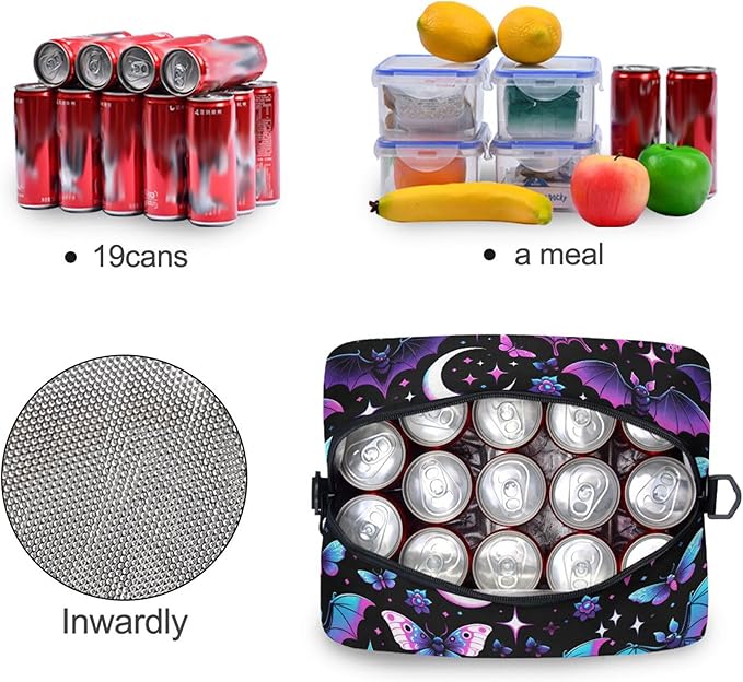 MNSRUU Insulated Lunch Bag Neon Purple and Bats Stars and Moons Women Men Fabric Dinner Tote Cooler Bag Reusable Leakproof Lunch Box with Adjustable Shoulder Handles Strap For Work School
