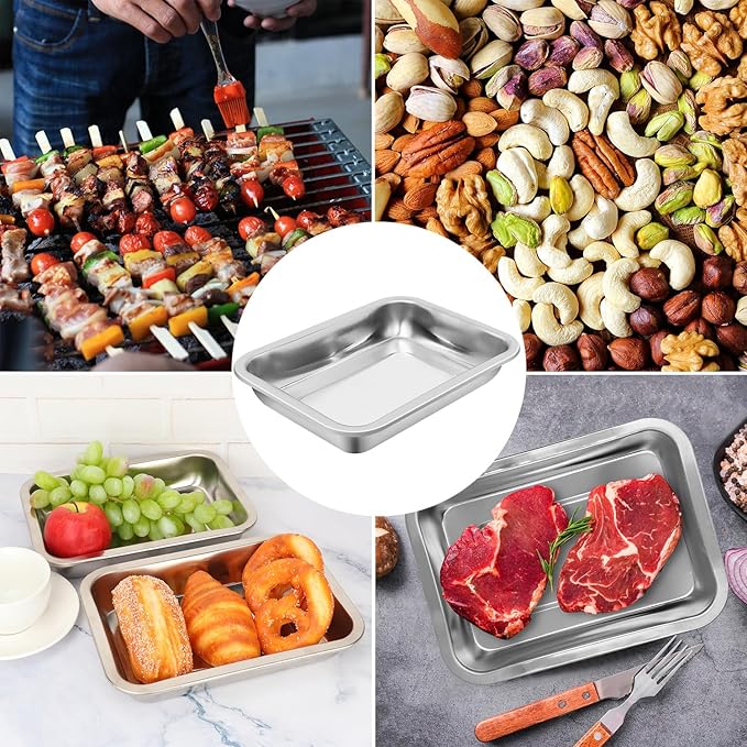 6 Pack 201 Stainless Steel Breading Trays Set, 10.6 x 7.9 x 1.9 Inch Food Prep Trays, Stainless Large Breading Pan, Stainless Steel Bakeware for Home kitchen, BBQ, Camping, Restaurant