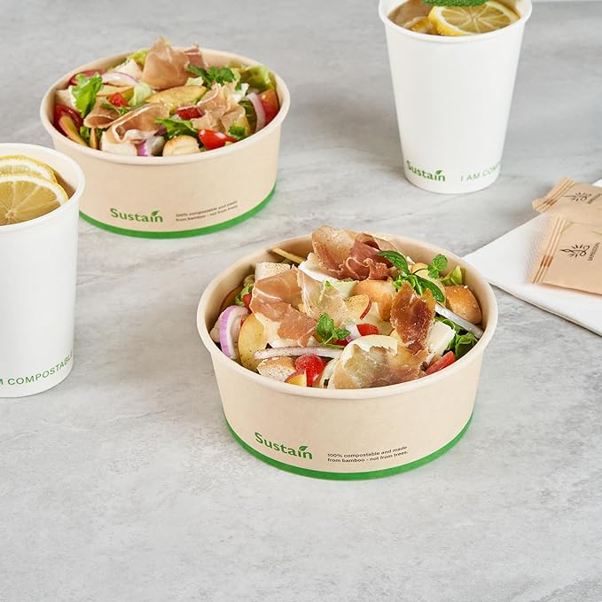 Restaurantware-Sustain 25 Ounce Sturdy Paper Take Out Boxes, 50 Round Take Out Food Containers - With PLA lining, Compostable, Bamboo Paper Containers, Disposable, Greaseproof