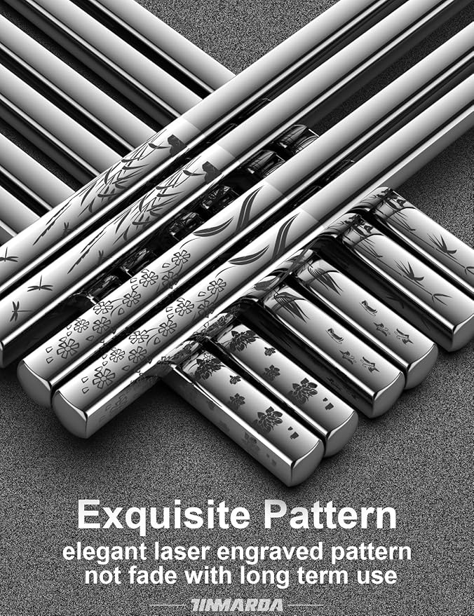 Metal Chopsticks Reusable 5 Pairs 18/8 Stainless Steel Chopstick Beautiful Engraving Patterns Dishwasher Safe Non-Slip Japanese Korean Chop Sticks Present Set