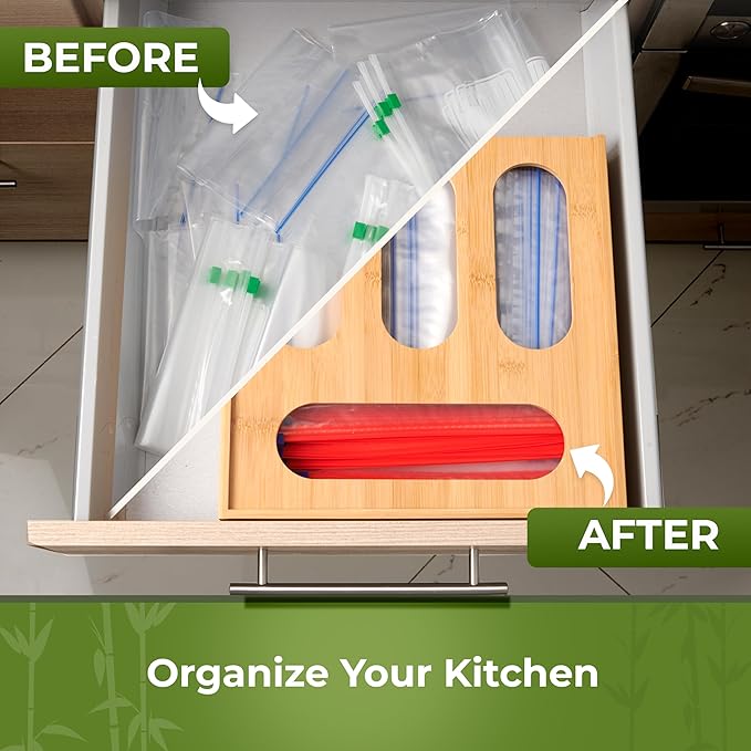 Storage Bag Organizer, Sandwich Bag Organizer - Bamboo Monoblock Design with Labels Included, Quick Refill Slider, by Woodenhouse