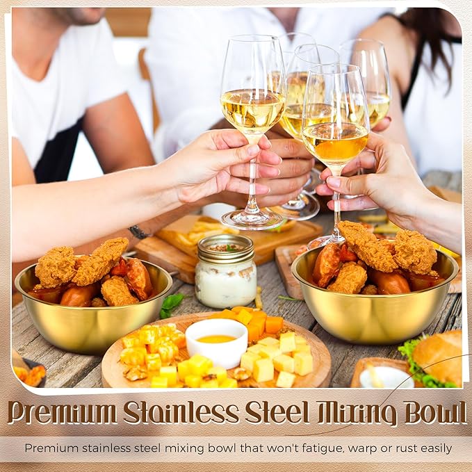 Nuogo 12 Pack 6.69 inches Gold Mixing Bowls with Airtight Lids Gold Stainless Steel Serving Bowl Metal Salad Fruit Soup Kitchen Accessories for Lunch Snack