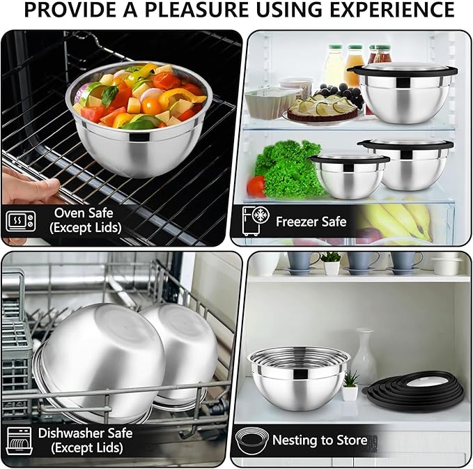 P&P CHEF Mixing Bowl with Lid Set, Stainless Steel Nesting Salad Bowls for Cooking Serving Prepping, Clear Lids & Stackable Design, Size 4.6, 3.5, 3, 2, 1.5, 1, 0.7 Qt - Black, Set of 7