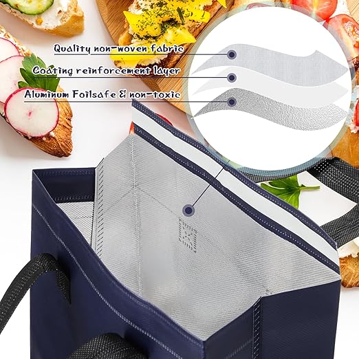 Kacctyen 100 Pcs Insulated Take Out Bags Bulk 9.5 x 6 x 9.5 in Thermal Insulation Food Bag for Coffee, Milk Tea, Hot Cold Food, Delivery Cooler Bag for Catering Restaurant Grocery Picnic (Navy Blue)