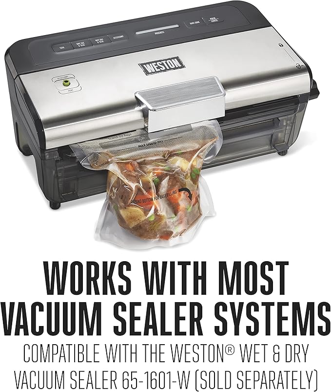 Weston Vacuum Sealer Bags, 8" x 12" (Quart), 32 count Stand-Up for Food and Liquid, 2 Ply 3mm thick, for NutriFresh, FoodSaver & Other Heat-Seal Systems, for Meal Prep and Sous Vide, BPA Free