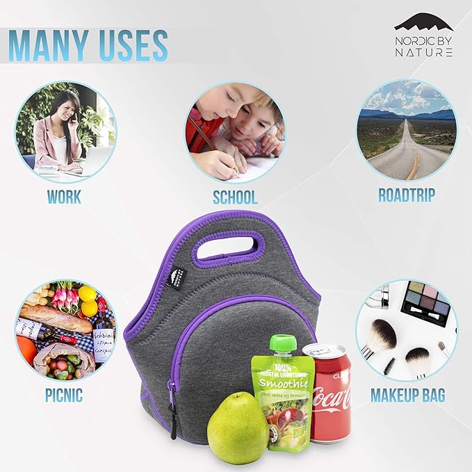 Nordic By Nature Neoprene Lunch Bag for Women & Lunch tote for Kids Insulated Lunch bag Reusable Washable Extra Thick Neoprene & Soft Cotton Feel, Premium Stitching, Outside Pocket, (M) Purple
