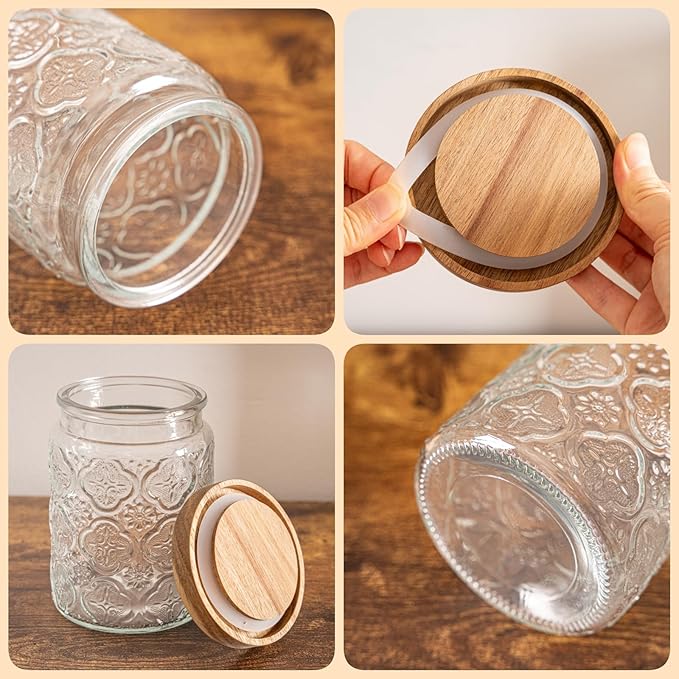 Glass Storage Jars 6 Pack 700ml(24oz) Multipurpose Vintage Storage Bottle with Wooden Lid Seal for Coffee, Nuts, Candies, Cereal, Cookies, Spices, Flour, and More. (6 Pack-700ml-Style B)